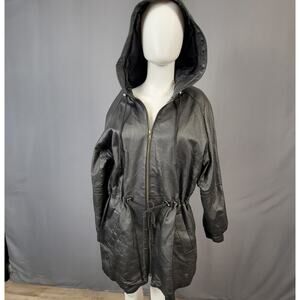 ADA Classics Vintage Brown Leather Hooded Coat with Drawstring Waist